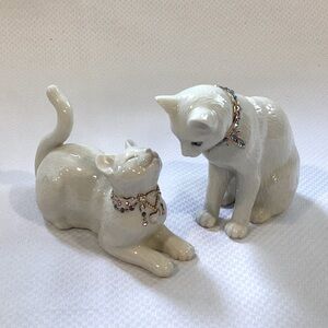 Vintage LENOX Awake To A Kiss Set of 2 Cats Jeweled Hand Painted Ivory